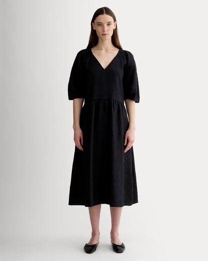 womens-linen-oversized-puff-sleeve-dress-black | primary