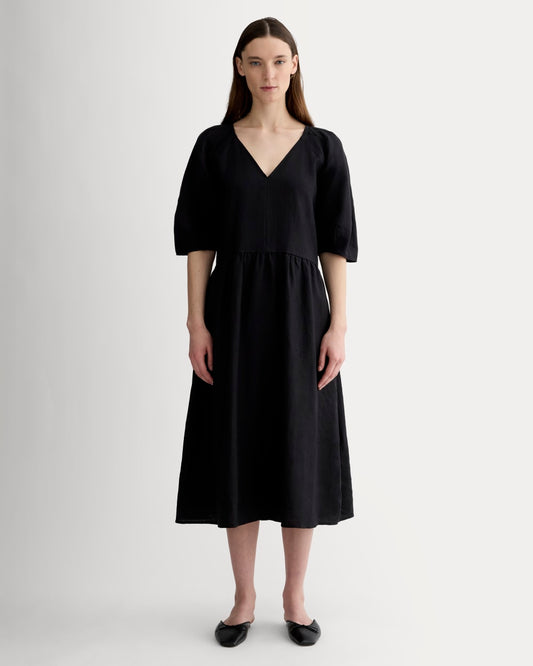 womens-linen-oversized-puff-sleeve-dress-black | primary