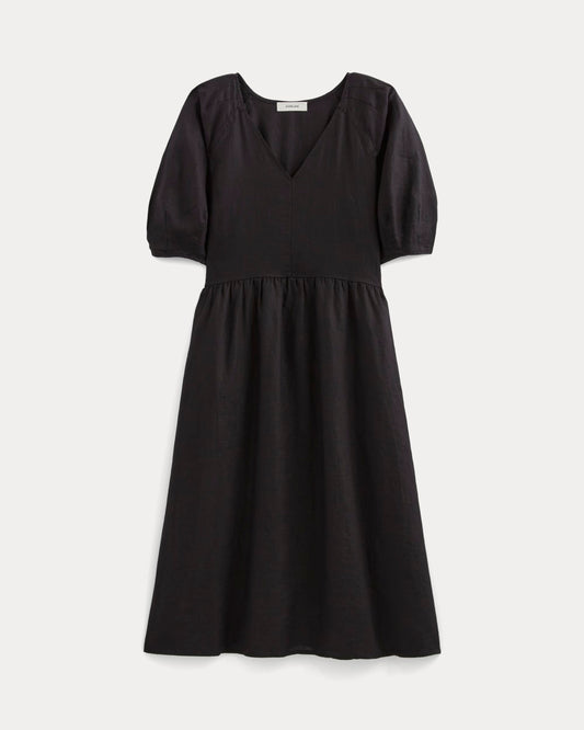 womens-linen-oversized-puff-sleeve-dress-black | alt
